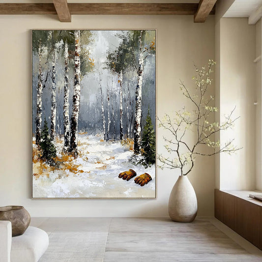 Contemporary abstract art featuring a winter birch forest with a grey sky textured brush strokes and fuzzy gloves in the foreground. DLZ1678