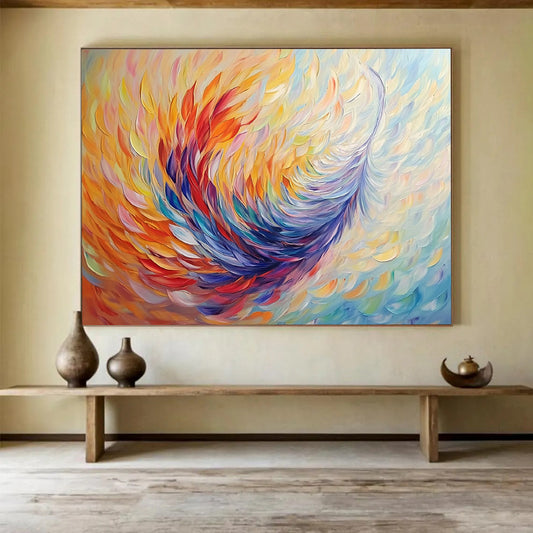 “Colorful Feather - like Abstract” - Yellow, Orange, Red, Blue, Purple with Feather Shapes - Painting On Canvas HB1395