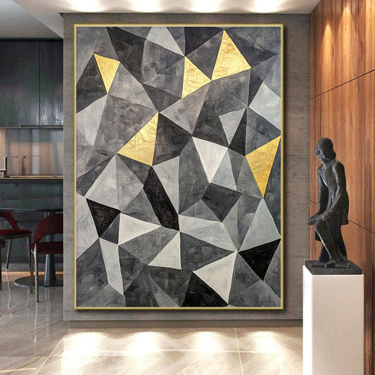 Gray, Black, White and Gold Geometric Triangles "Golden Geometry" Painting On Canvas HB363