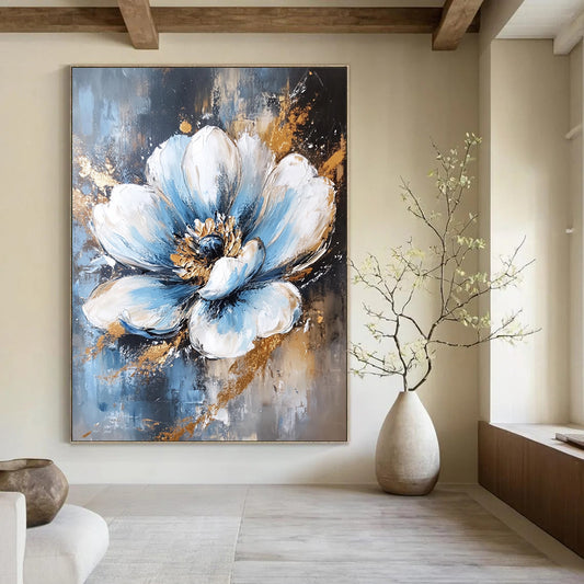 Contemporary abstract painting featuring a white and blue flower with elegant gold foil accents against a rich dark gold background. DLZ1677