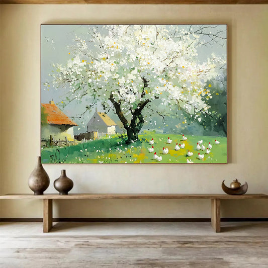 “Blossoming Tree & Farm Scene” - White blossoms, green field, farmhouses, Impressionist Landscape Painting On Canvas HB0597