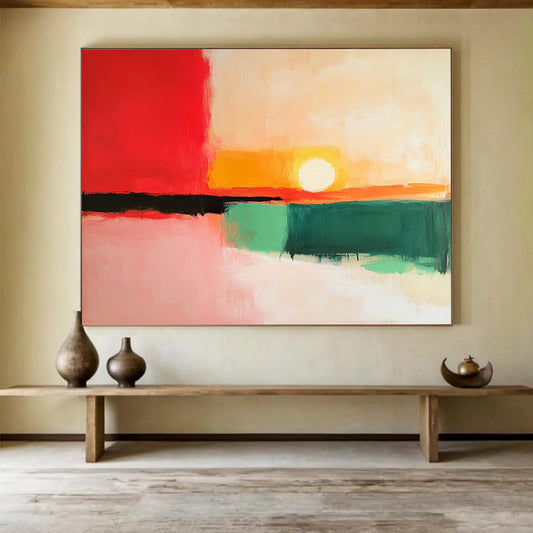 “Color Block Sunset” - Red, Orange, Yellow, Green, Pink, Minimalist Abstract Sunset Painting On Canvas HB1069