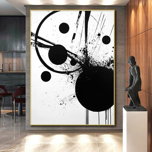 Black Circle, Dots & Lines - “Structured Ink Chaos” Painting On Canvas HB237
