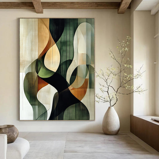 Contemporary hand-painted abstract art featuring intertwined circular shapes in green black and beige against a textured nature-inspired brown background. DLZ0994
