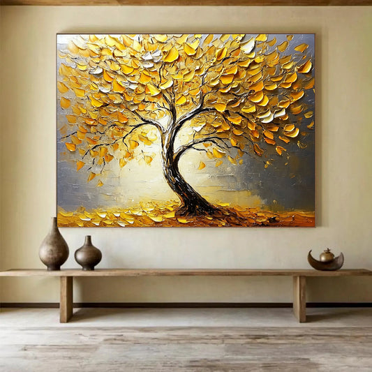 “Textured Golden Tree” - Gold, Gray, 3D Golden Leaves, Tree - Impasto Oil Painting HB1678