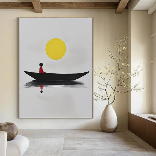 Contemporary abstract art featuring a minimalist black boat on white paper with a yellow sun and a red figure reflecting in calm waters. DLZ1564