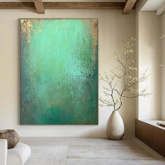 Contemporary hand-painted abstract art features an emerald green gradient with textured layers of seafoam and hints of shimmering gold for depth. DLZ1293