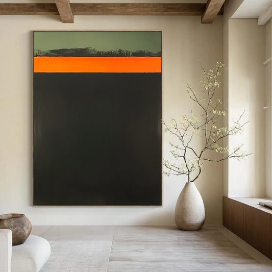 Contemporary abstract art features a bold orange strip atop a dark green background showcasing elegant simplicity and striking color contrast. DLZ1634