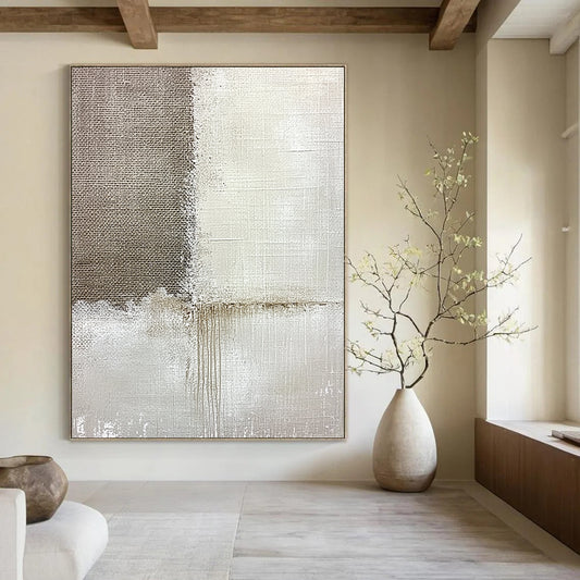 Contemporary hand-painted abstract artwork featuring textured linen and subtle paint streaks set against a soft grayish-white background for added depth. DLZ1171