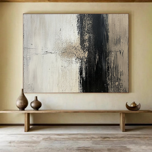 “Textured Black and White Abstract” - Black, white, beige; Textured abstract with bold brushstrokes; Acrylic Painting On Canvas HB1269