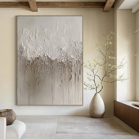 Contemporary abstract artwork featuring textured silver foil layers and intricate gray patterns resembling water droplets, inspired by Chinese ink paintings and concrete art. DLZ1516