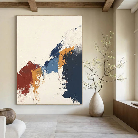 Contemporary abstract artwork featuring vibrant colors and large brushstrokes depicting snow and mountains with fluid lines and minimalist composition. DLZ0642