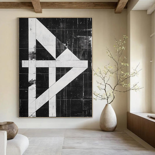 Contemporary hand-painted abstract artwork featuring a high-contrast black and white design with an "H" shape and textured risograph print on canvas. DLZ1140