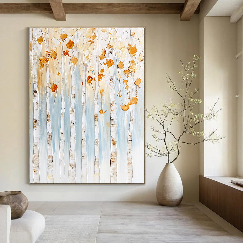 Contemporary abstract artwork featuring birch trees with gold and white leaves against a light blue background with textured brush strokes and floral accents. DLZ0976