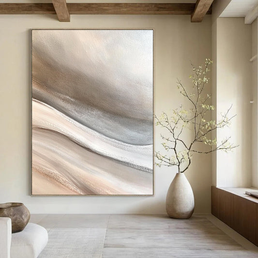 Contemporary large hand-painted abstract art capturing the desert with soft sand dunes in neutral gray beige and white tones for a calming zen atmosphere DLZ0650