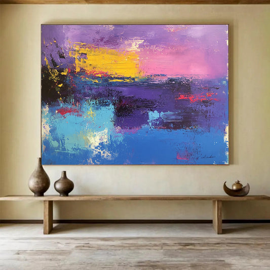 “Purple Pink Abstract Horizon” - Purple, Pink, Yellow, Blue with a Colorful Horizon - Painting On Canvas HB1374