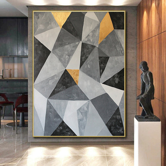 Gray, Black, White and Gold Geometric Triangles "Subtle Symmetry" Painting On Canvas HB364