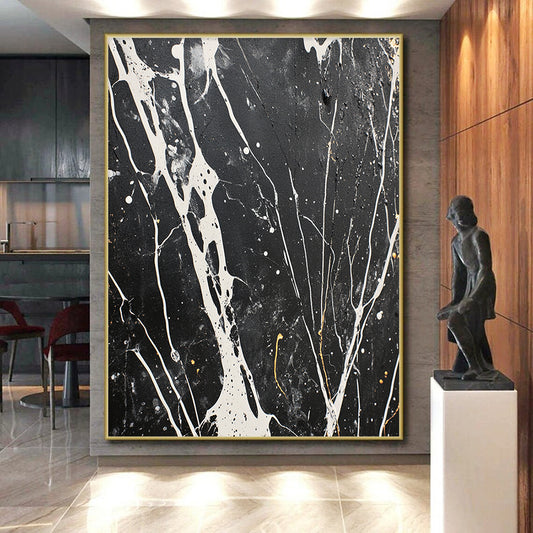 Black, White, Gray, Gold, Intricate Veins "Marbled Night" Abstract Modernist Painting On Canvas HB065