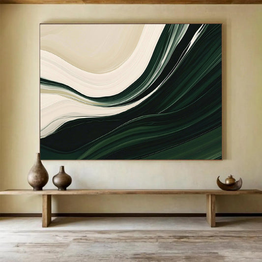 “Flowing Green and White Abstract” - Green, White, Curved Textures Painting On Canvas HB0889