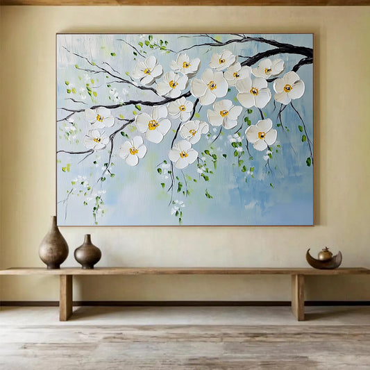“White Blossoms on Branches” - White, Yellow, Green, Blue, White Blossoms on Branches - Impasto Oil Painting HB1785