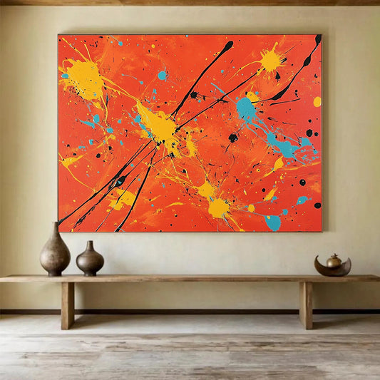 “Colorful Splatter On Orange” - Orange, Yellow, Blue, Black, Abstract Expressionist Painting On Canvas HB0683