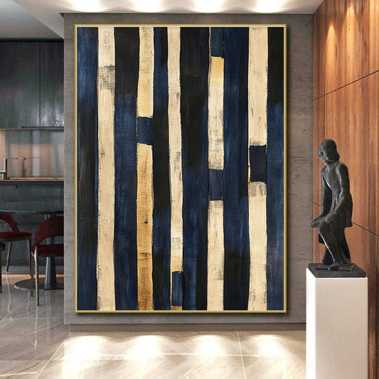 Navy Blue, Beige, Gold, Vertical Stripes "Coastal Rhythm" Abstract Nautical - Inspired Painting On Canvas HB043
