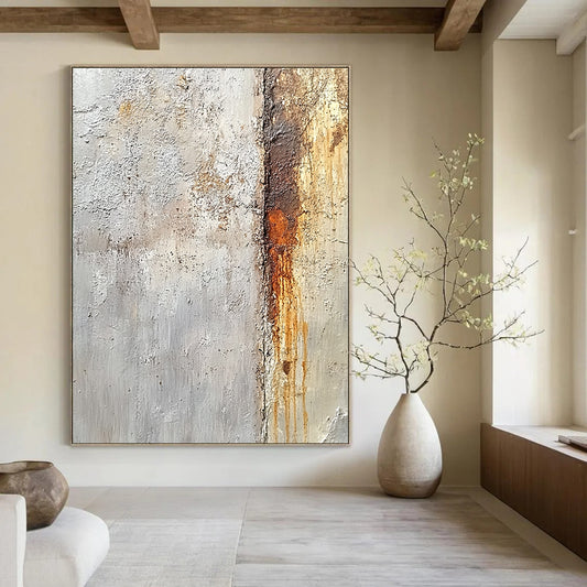 Contemporary large hand-painted abstract artwork showcasing detailed textures of concrete and rust in neutral colors inspired by Sargent and Sturgis. DLZ1506