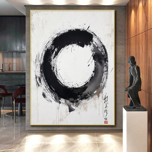 Black, White, Textured Circle "Pure Enso" Abstract Minimalist Painting On Canvas HB107
