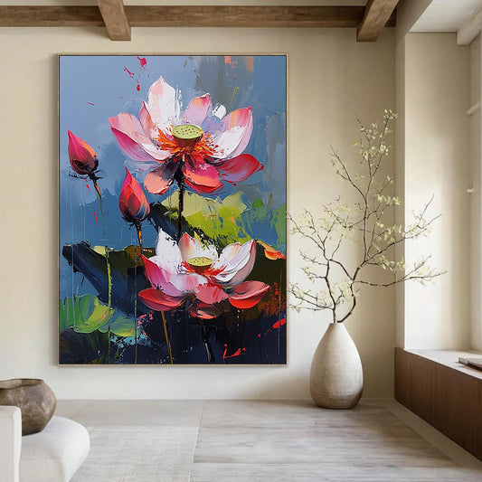 Contemporary hand-painted abstract artwork features vibrant lotus flowers with pink and red petals against a blue background creating a lively atmosphere. DLZ0423