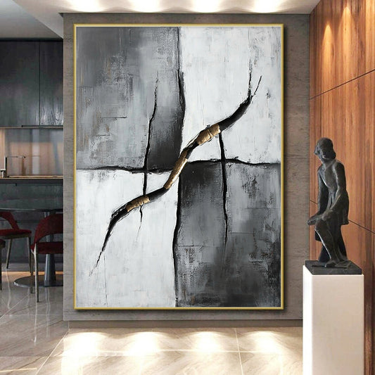 Gray, Black, White and Gold Kintsugi - Inspired "Golden Repair" Painting On Canvas HB359