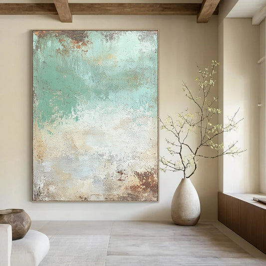 Contemporary abstract painting featuring seafoam green and cream textures with brown and rust accents, mixed media, artistically distressed details. DLZ0659