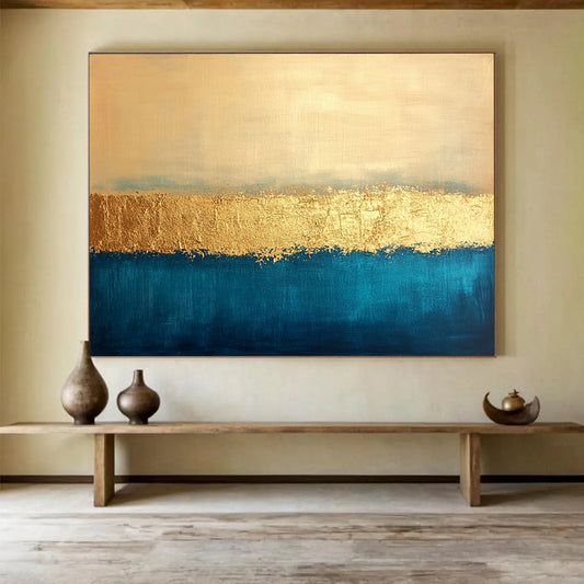 “Gold and Blue Striped Abstract” - Gold, Blue, Horizontal Stripes, Minimalist Painting On Canvas HB0897
