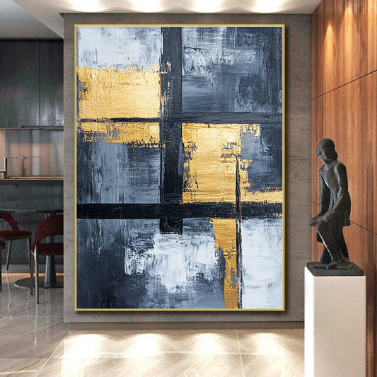 Gray, White, Gold, Black, Geometric Crosses "Gilded Grid Crossroads" Abstract Modernist Painting On Canvas HB151