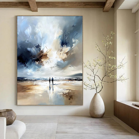 Contemporary abstract painting featuring two figures on a beach with a vast sea soft tones expressive brushstrokes and ethereal light effects. DLZ1126