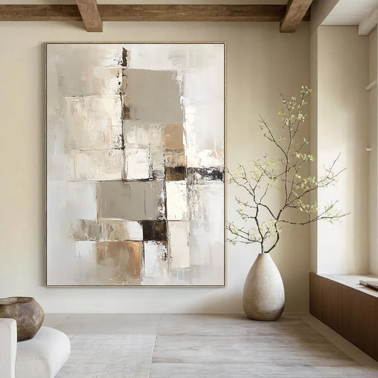 Large contemporary abstract painting with a beige and white palette showcasing geometric shapes and textures on a vertical canvas. DLZ0697