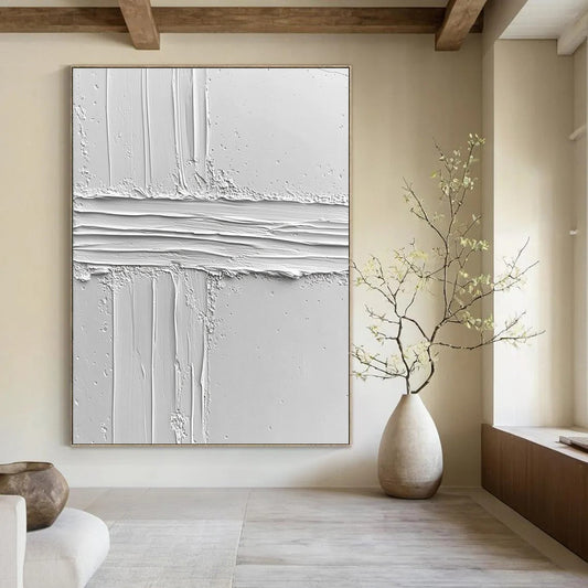 Contemporary abstract art featuring a textured white surface with an irregular line, evoking calmness and minimalism through its impasto technique and clean design. DLZ1261