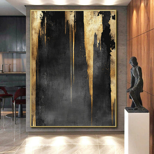 Black, Gray & Gold Dripping Panels - “Monochrome Gilded Falls” Painting On Canvas HB199