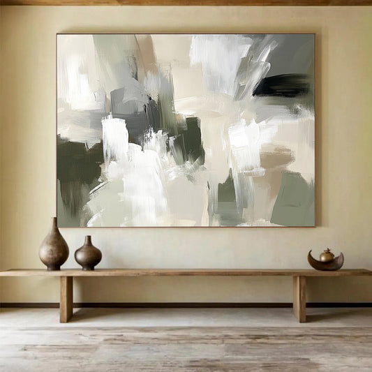 “Neutral Abstract Composition” - Beige, gray, white, green; Abstract composition with soft brushstrokes; Acrylic Painting On Canvas HB1267