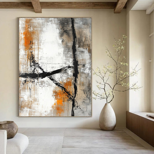 Contemporary hand-painted abstract art featuring a textured canvas with beige and white colors, accented by dark gray lines and light orange tones. DLZ0288