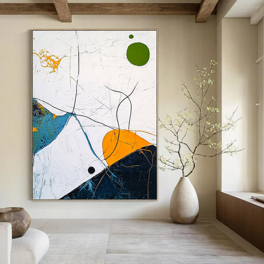 Contemporary abstract artwork featuring a white sky, light blue and dark green lines, a yellow outlined circle, an orange oval, and a green dot. DLZ0609