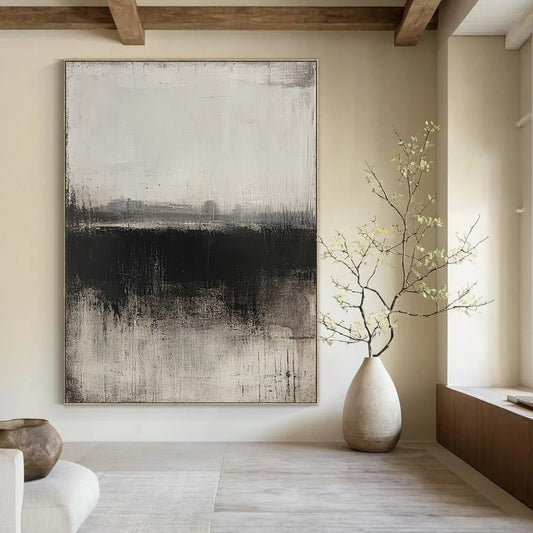 Contemporary hand-painted abstract artwork featuring a grey and black palette soft textures and a faint urban landscape in a minimalist style. DLZ0710