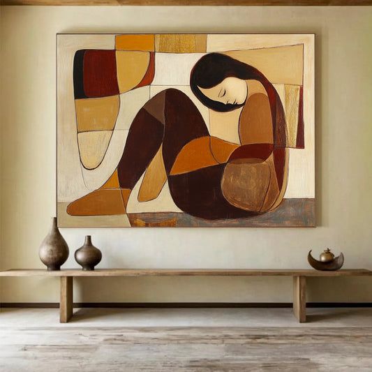 “Cubist - Style Figure” - Brown, beige, orange, Cubist Figurative Painting HB0634