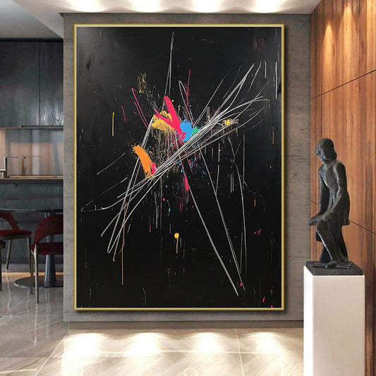 Black, Colorful Blobs, White Strokes "Dynamic Fusion" Abstract Painting On Canvas HB022