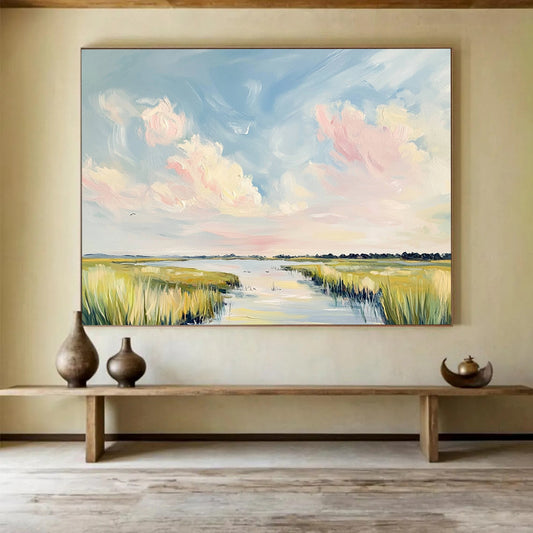 Pastel Sky Over Marshland - Soft Impressionistic Landscape Painting On Canvas HB0440