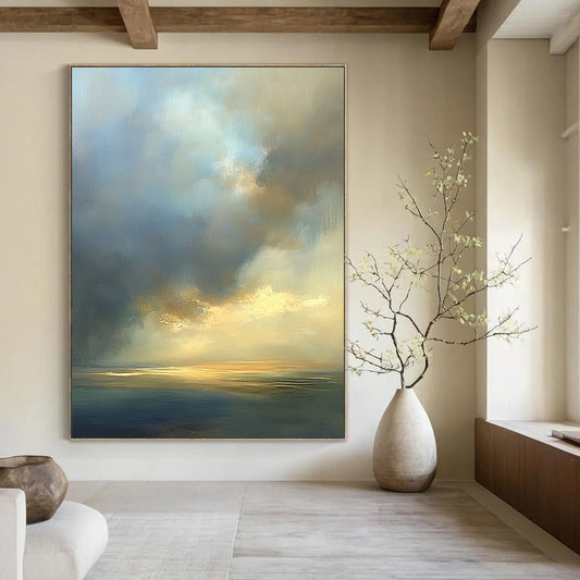 Contemporary abstract oil painting featuring an expansive sky in muted beige and blue tones with soft edges and atmospheric clouds. DLZ0888