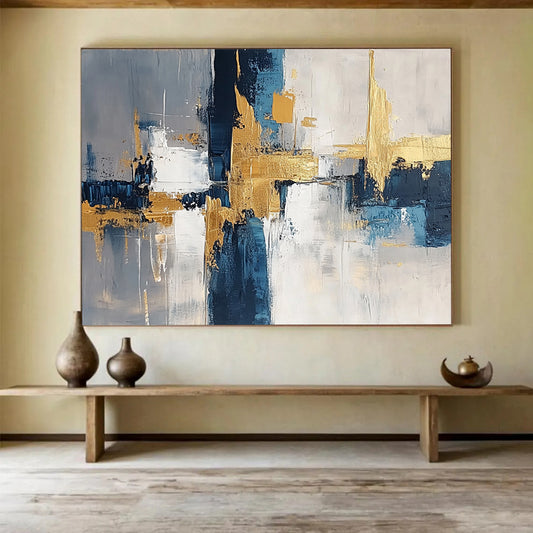 “Geometric Gold - Blue - Gray Abstract” - Gold, Blue, Gray, White, Geometric Forms Painting On Canvas HB0820
