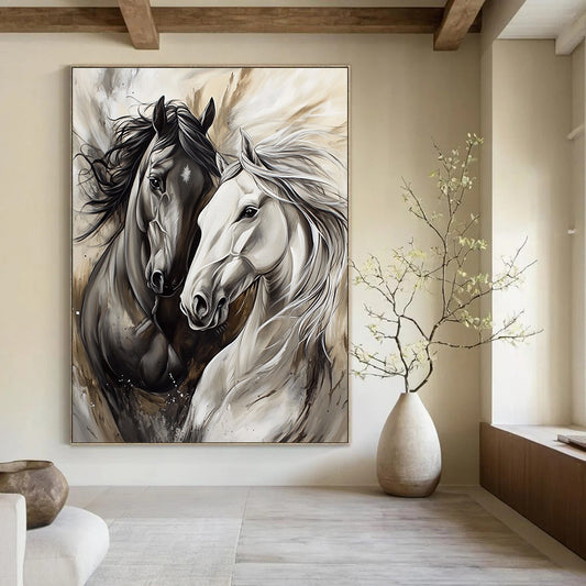 Contemporary abstract artwork featuring two horses playing in silver and gray tones with expressive brushstrokes and flowing fur details. DLZ1662