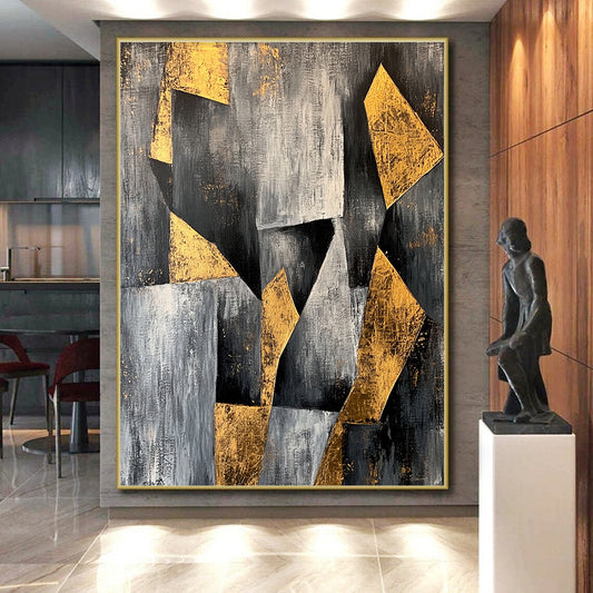 Gray, Black, White, Gold, Angular Shapes "Golden Structure" Abstract Modernist Painting On Canvas HB080