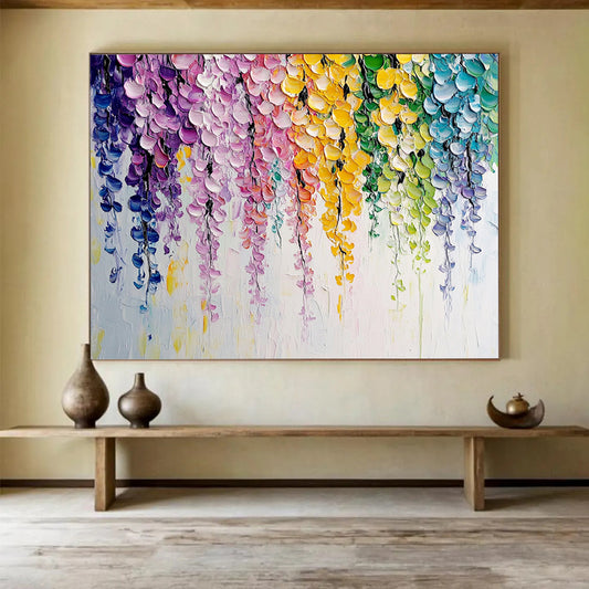 “Colorful Cascading Blooms” - Bright purples, pinks, yellows, greens, blues; Dripping flower blossoms; Impasto Floral Painting On Canvas HB1163
