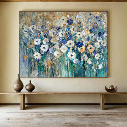 “Gilded Wildflower Field” - Gold - tipped white flowers, blue greens, Impasto Floral Painting On Canvas HB0581
